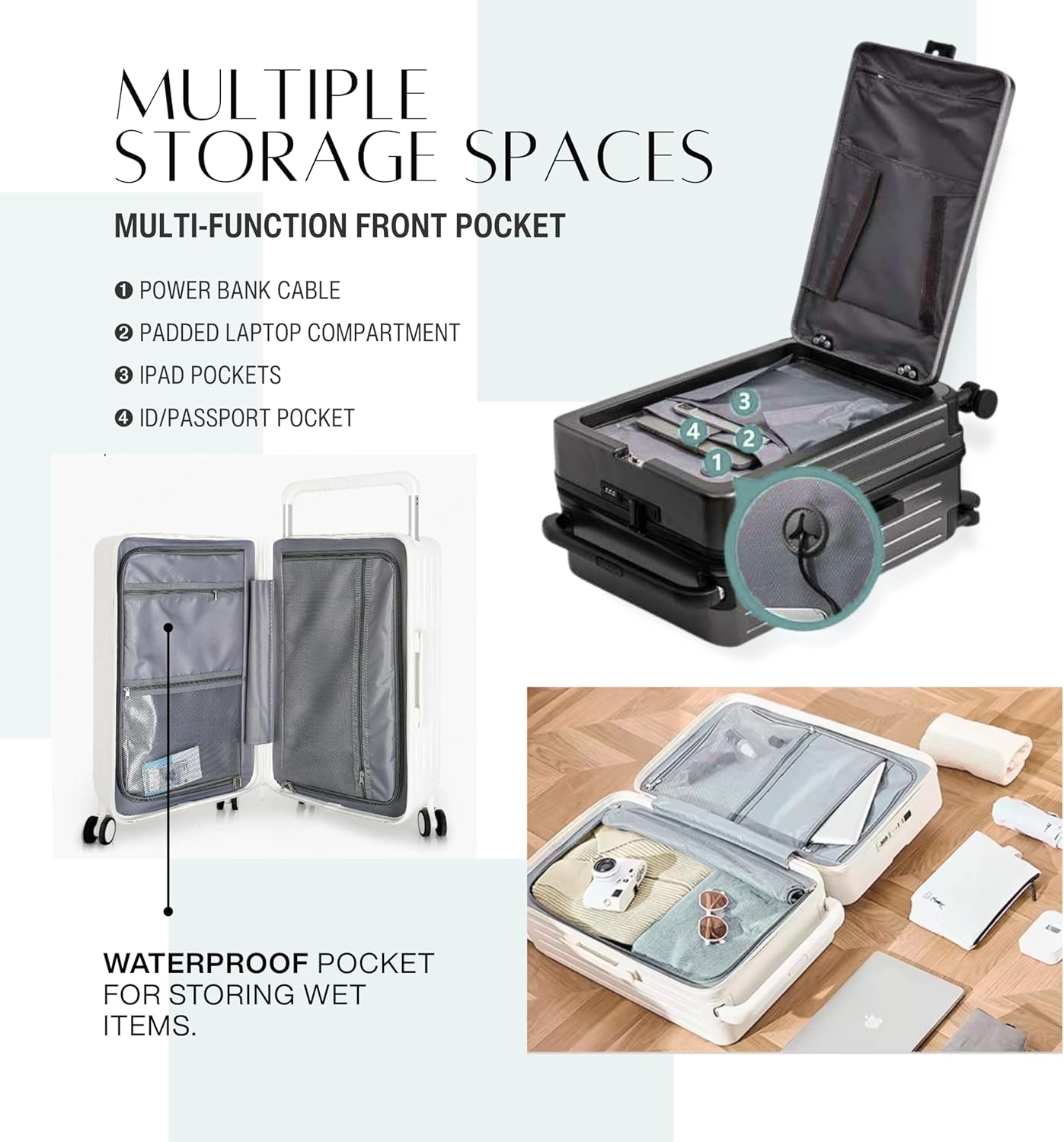 Luxury Carry-on 20-inch Luggage Travel Suitcase with Front Open Laptop Compartment Wide Handle Cup Holder Silent Wheels USB Port Charging Full PC Cabin Bag Luma (Pink, 20-inch)