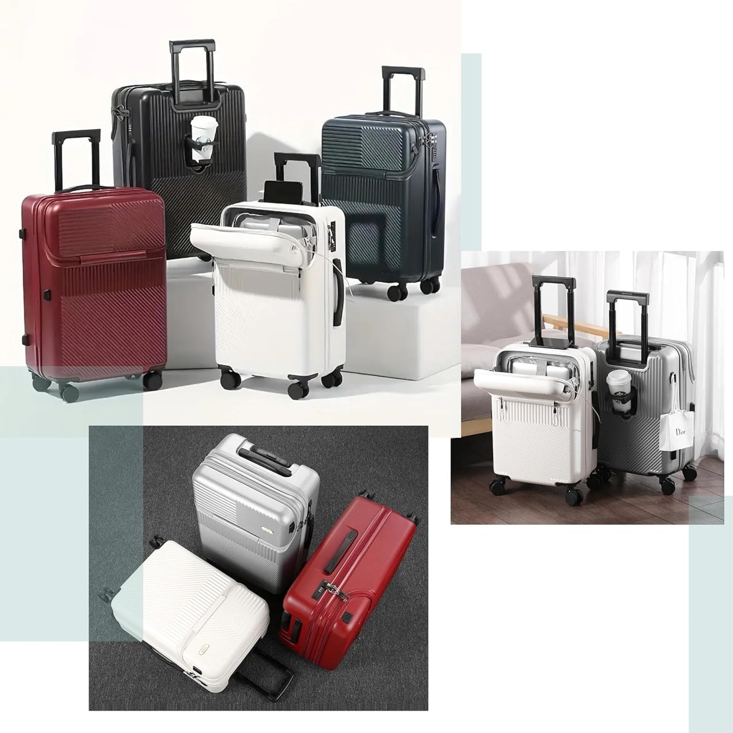 TERE 20" Carry On Luggage Travel Trolley Bag Suitcase with Front Open Laptop Compartment, USB Port Charging, Cup Holder, Silent Wheels, Hook (Grey)