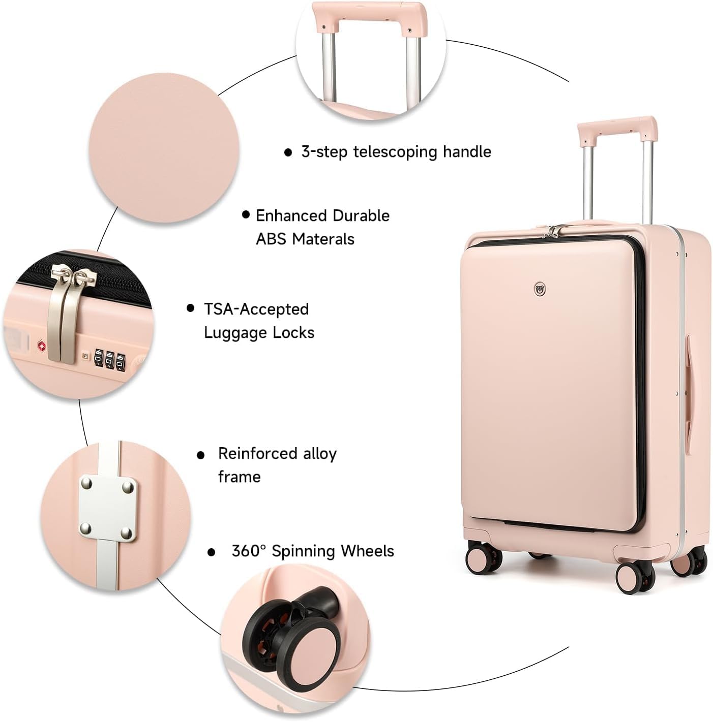 Carry On Luggage with Front Pocket Laptop Compartment and USB Port, Cup Holder, Aluminum Frame PC Hard Travel Suitcase TSA Lock Deepy (Pink, 20)