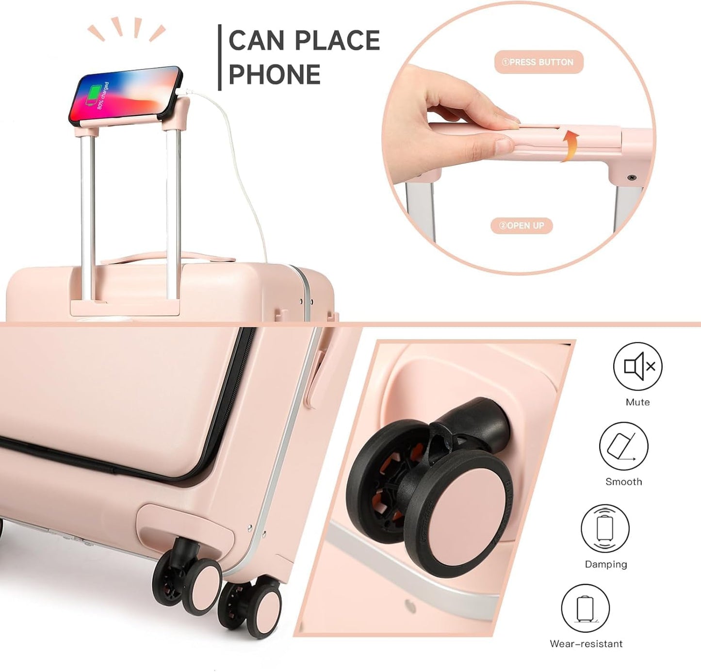 Carry On Luggage with Front Pocket Laptop Compartment and USB Port, Cup Holder, Aluminum Frame PC Hard Travel Suitcase TSA Lock Deepy (Pink, 20)