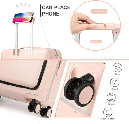 Carry On Luggage with Front Pocket Laptop Compartment and USB Port, Cup Holder, Aluminum Frame PC Hard Travel Suitcase TSA Lock Deepy (Pink, 20)