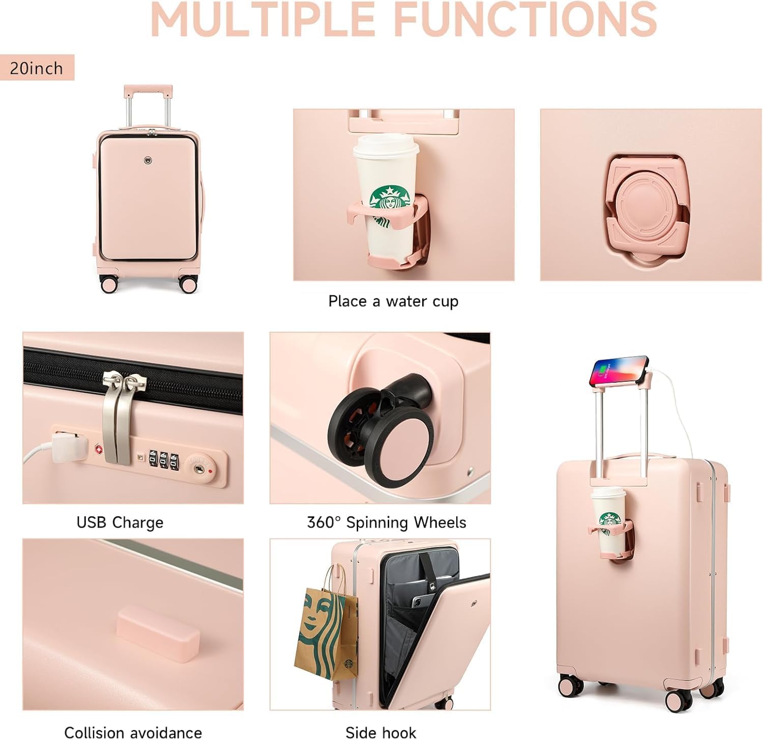 Carry On Luggage with Front Pocket Laptop Compartment and USB Port, Cup Holder, Aluminum Frame PC Hard Travel Suitcase TSA Lock Deepy (Pink, 20)
