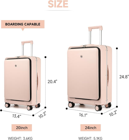 Carry On Luggage with Front Pocket Laptop Compartment and USB Port, Cup Holder, Aluminum Frame PC Hard Travel Suitcase TSA Lock Deepy (Pink, 20)