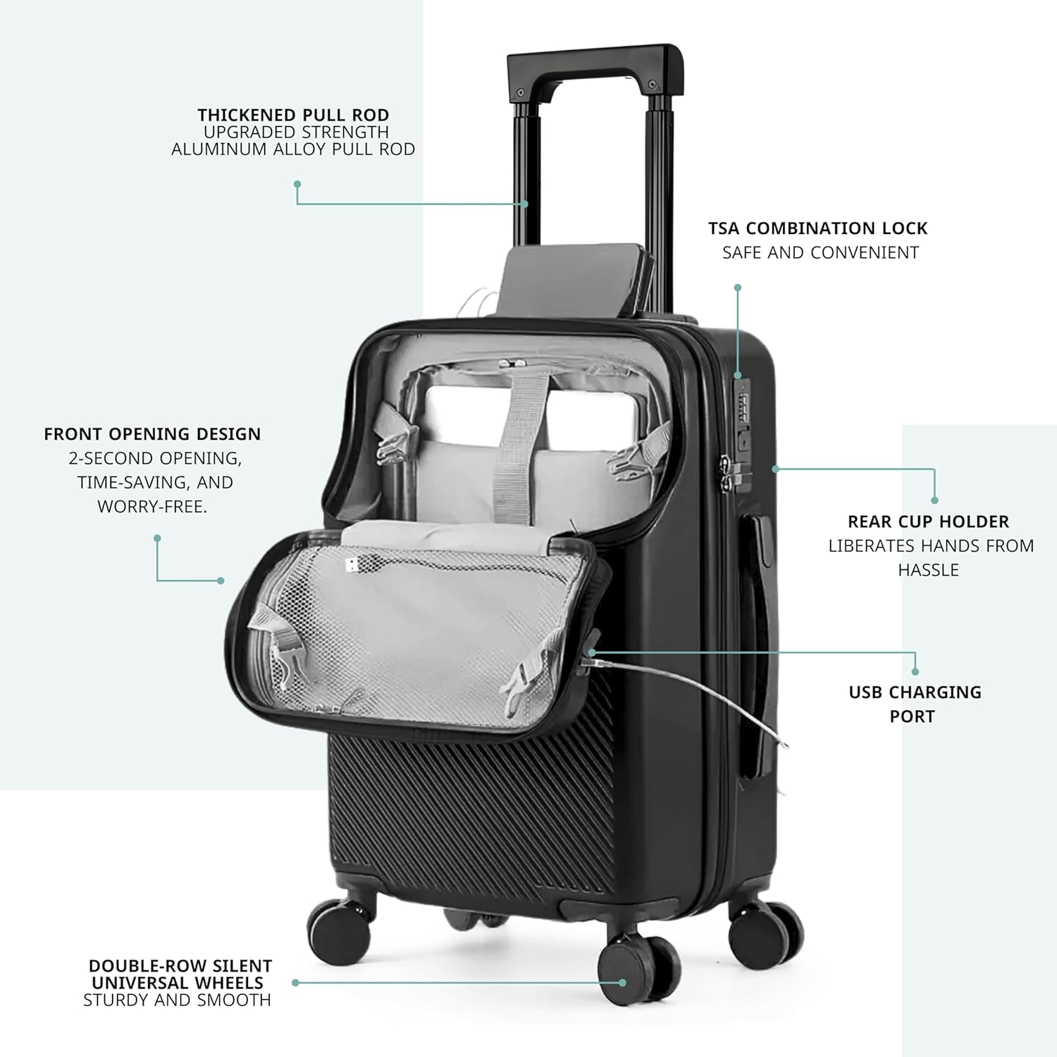 TERE 20" Carry On Luggage Travel Trolley Bag Suitcase with Front Open Laptop Compartment, USB Port Charging, Cup Holder, Silent Wheels, Hook (Grey)