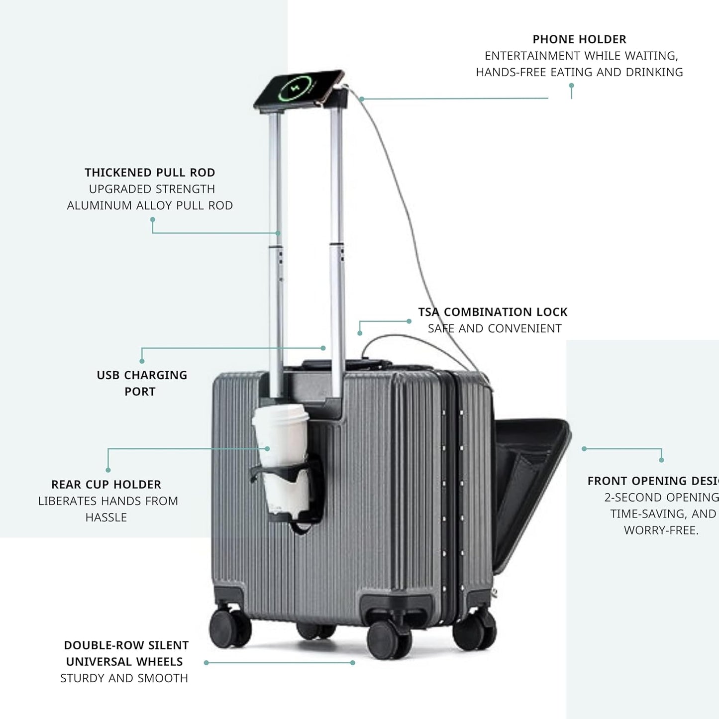 18 inches Luggage Carry On Travel Trolley Boarding Bag Suitcase with Front Open Laptop Compartment Lightweight High Quality USB Port Charging Silent Wheels (White) (Dark Grey)