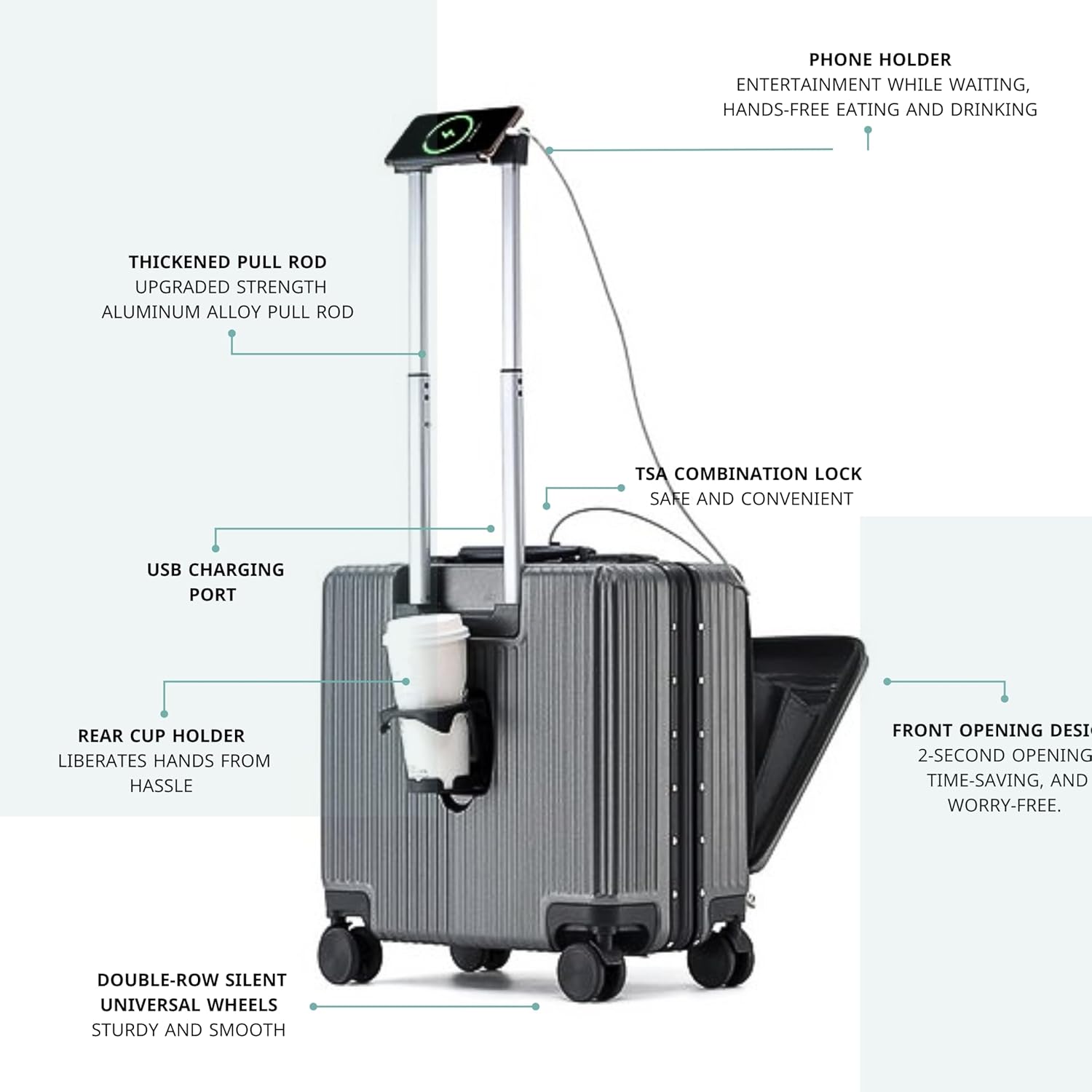 18 inches Luggage Carry On Travel Trolley Boarding Bag Suitcase with Front Open Laptop Compartment Lightweight High Quality USB Port Charging Silent Wheels (White) (Dark Grey)