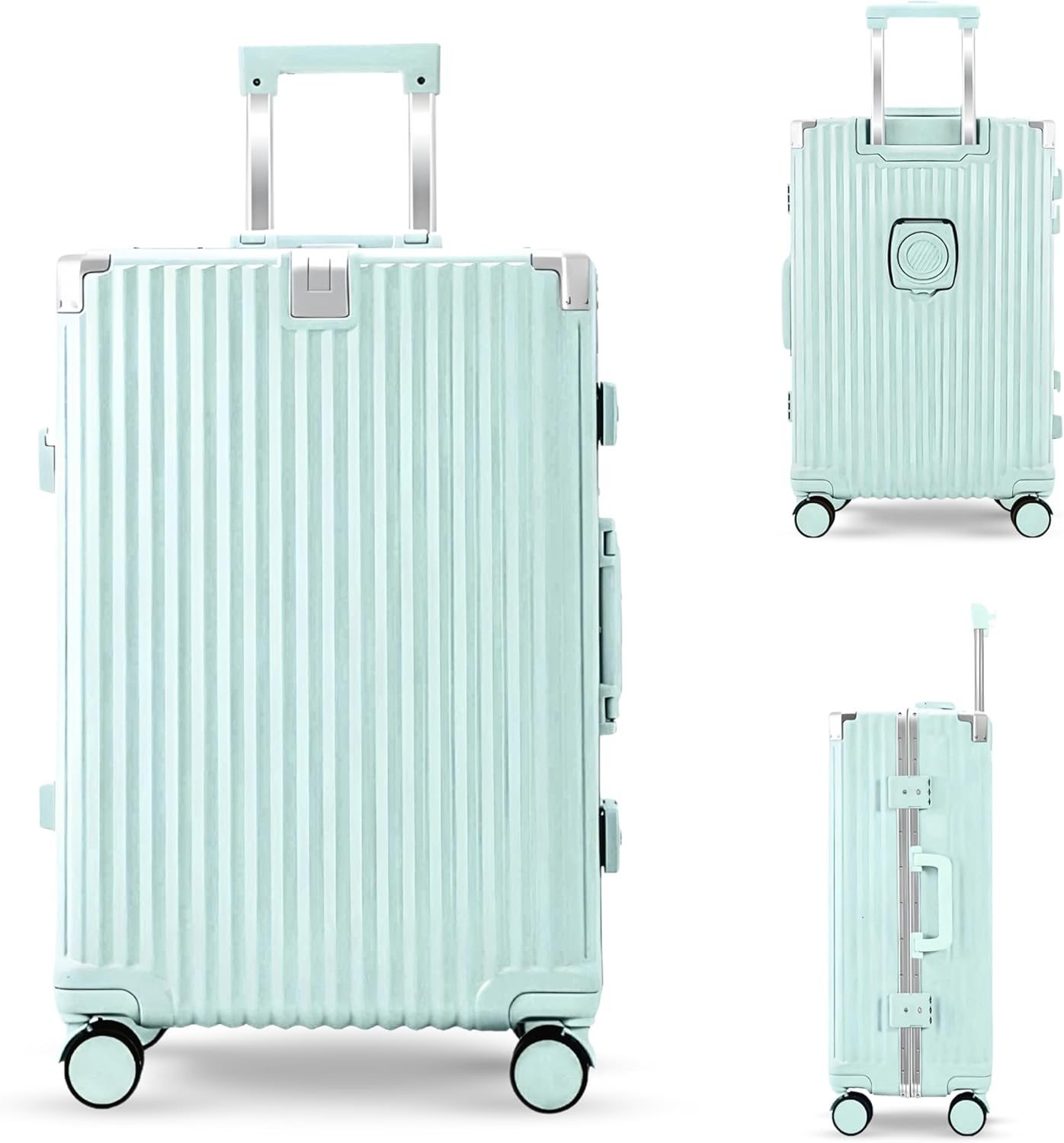 Luxury Check In Luggage Travel Bag Suitcase lightweight with High Quality Aluminium Frame Zipperless Cup holder Silent Wheels USB Port Charging (Mint, 24 Inches)