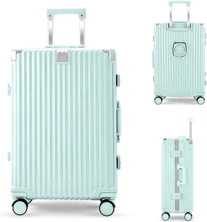 Luxury Check In Luggage Travel Bag Suitcase lightweight with High Quality Aluminium Frame Zipperless Cup holder Silent Wheels USB Port Charging (Mint, 24 Inches)
