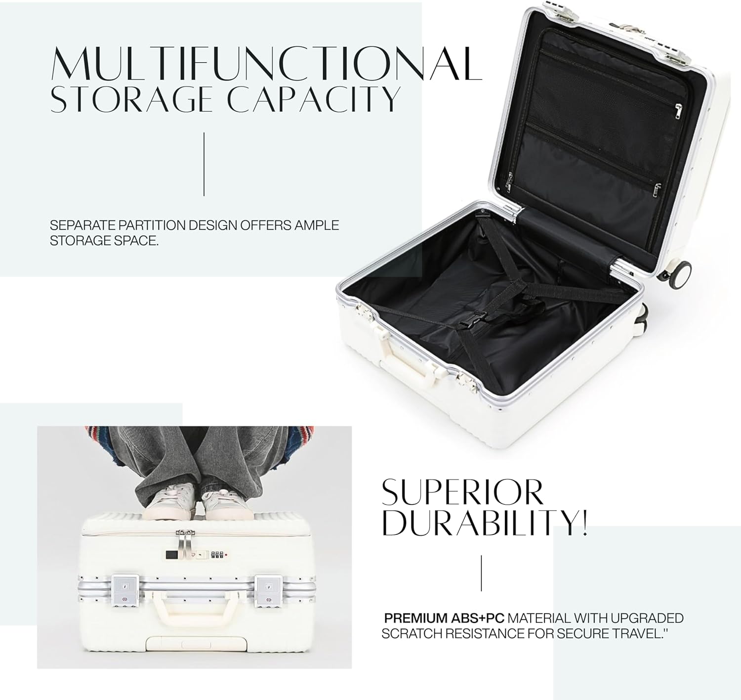 18 inches Luggage Carry On Travel Trolley Boarding Bag Suitcase with Front Open Laptop Compartment Lightweight High Quality USB Port Charging Silent Wheels (White) (Dark Grey)