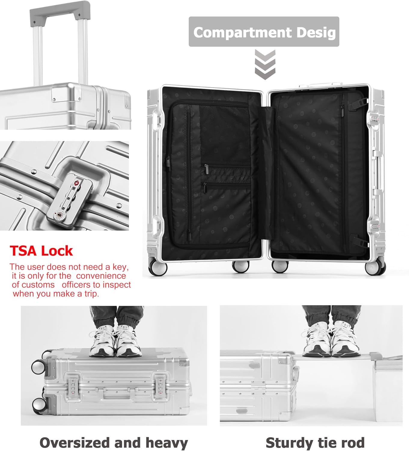 feilario 20in All Aluminum Luggage Hard Shell Carry On Suitcase Zipperless 360° Spinner Wheels Luggage - with 4 Anti-crash Corners, Silver-20in, Business