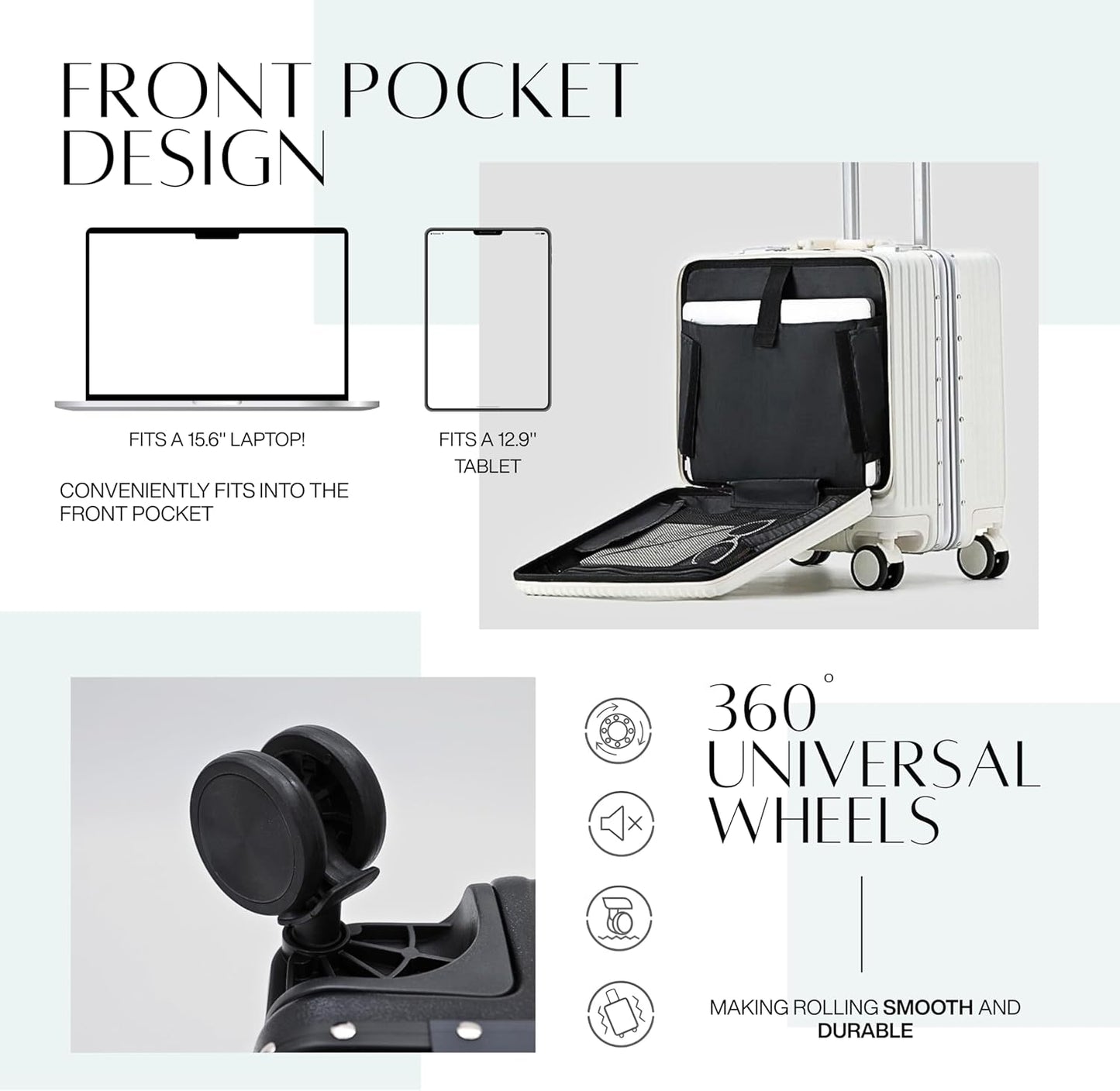 18 inches Luggage Carry On Travel Trolley Boarding Bag Suitcase with Front Open Laptop Compartment Lightweight High Quality USB Port Charging Silent Wheels (White) (Dark Grey)