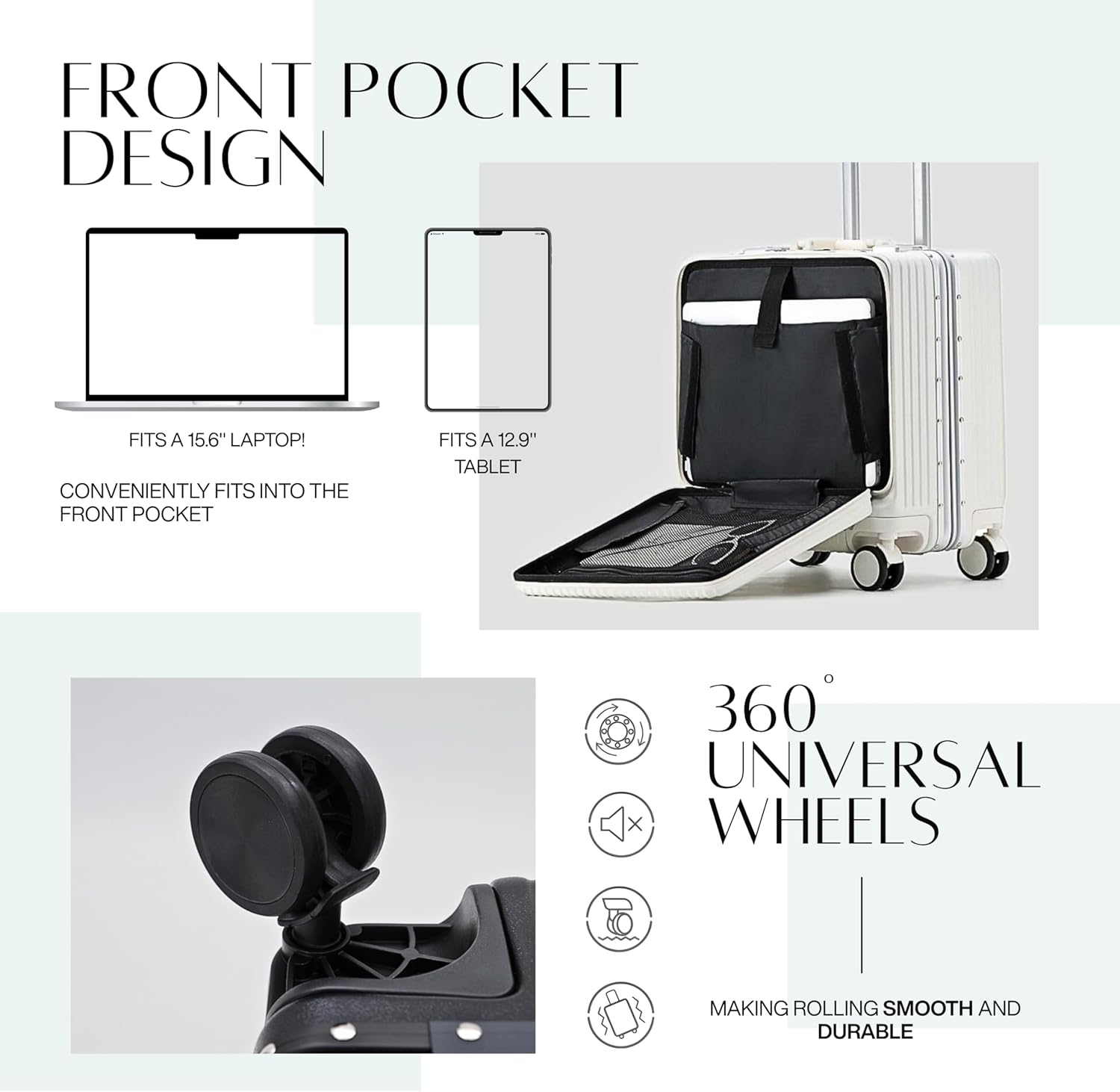 18 inches Luggage Carry On Travel Trolley Boarding Bag Suitcase with Front Open Laptop Compartment Lightweight High Quality USB Port Charging Silent Wheels (White) (Dark Grey)