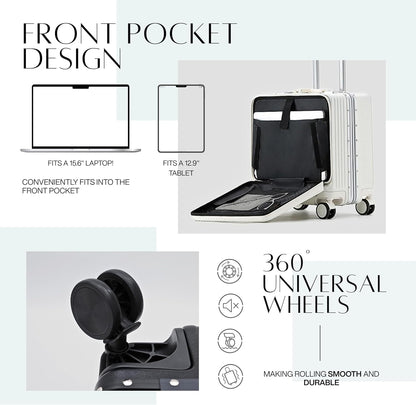 18 inches Luggage Carry On Travel Trolley Boarding Bag Suitcase with Front Open Laptop Compartment Lightweight High Quality USB Port Charging Silent Wheels (White) (Dark Grey)
