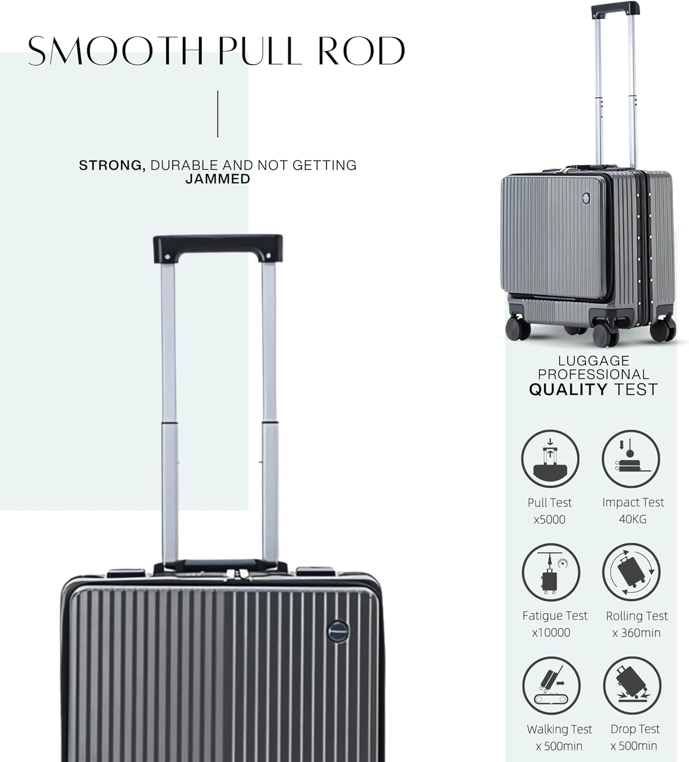 18 inches Luggage Carry On Travel Trolley Boarding Bag Suitcase with Front Open Laptop Compartment Lightweight High Quality USB Port Charging Silent Wheels (White) (Dark Grey)