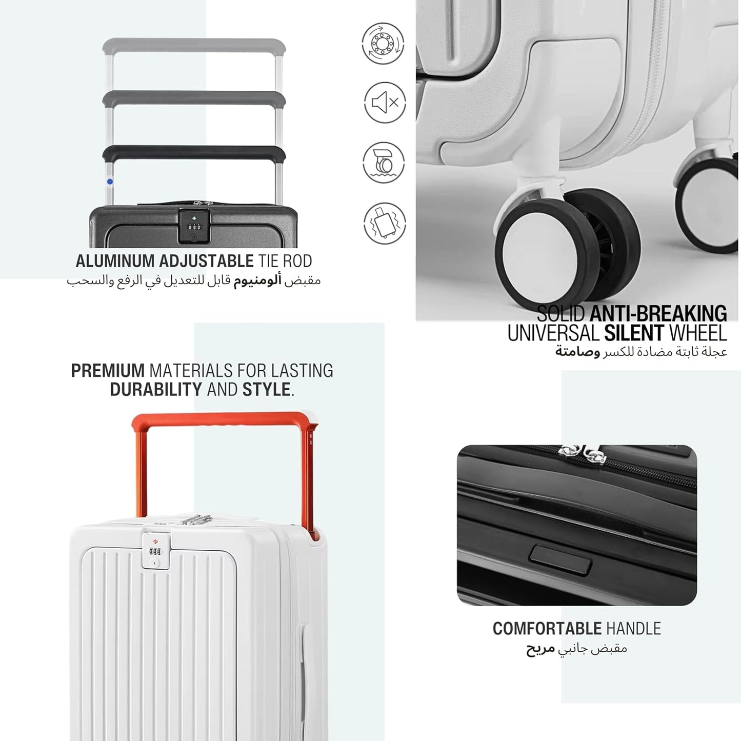 Luma | Carry on 20-inch Luggage with Front Open Laptop Compartment, Wide Handle, Cup Holder, USB Port, Full PC - Black