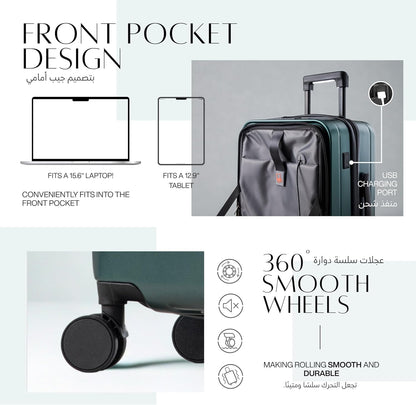 حقيبة سفر محمولة مقاس 20 بوصة مع حجرة أمامية مفتوحة للكمبيوتر المحمول وعجلات صامتة ومساحة تخزين واسعة ومنفذ USB للشحن (رمادي داكن، 20 بوصة) 