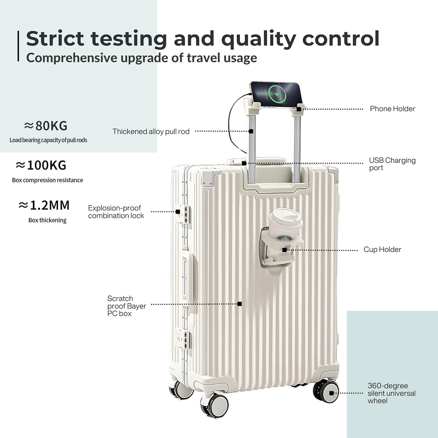 Luxury Check In Luggage Travel Bag Suitcase lightweight with High Quality Aluminium Frame Zipperless Cup holder Silent Wheels USB Port Charging (Mint, 24 Inches)