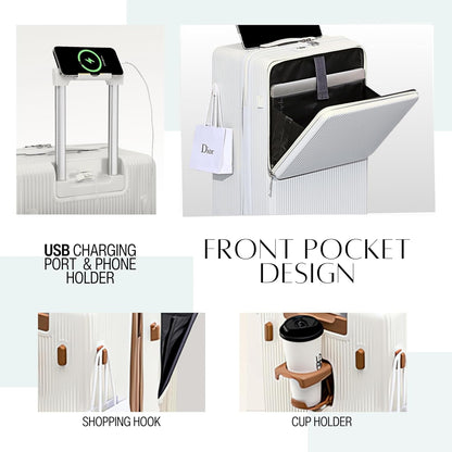 Carry on 20 Inch Travel Trolley Bag Suitcase with Front Open Laptop Compartment, USB Port Charging, Silent Wheels, Hook - Black & Mocha