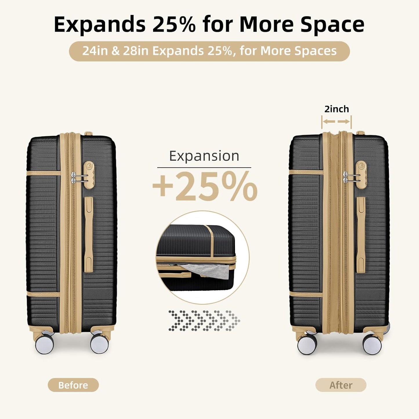LARVENDER Luggage Sets 6 Piece with Duffel Bag, Expandable(Only 28 & 24") Hardside Luggage with Cosmetic Case 360° Spinner Wheels, Durable Luggage Set Clearance For Women Men, Black