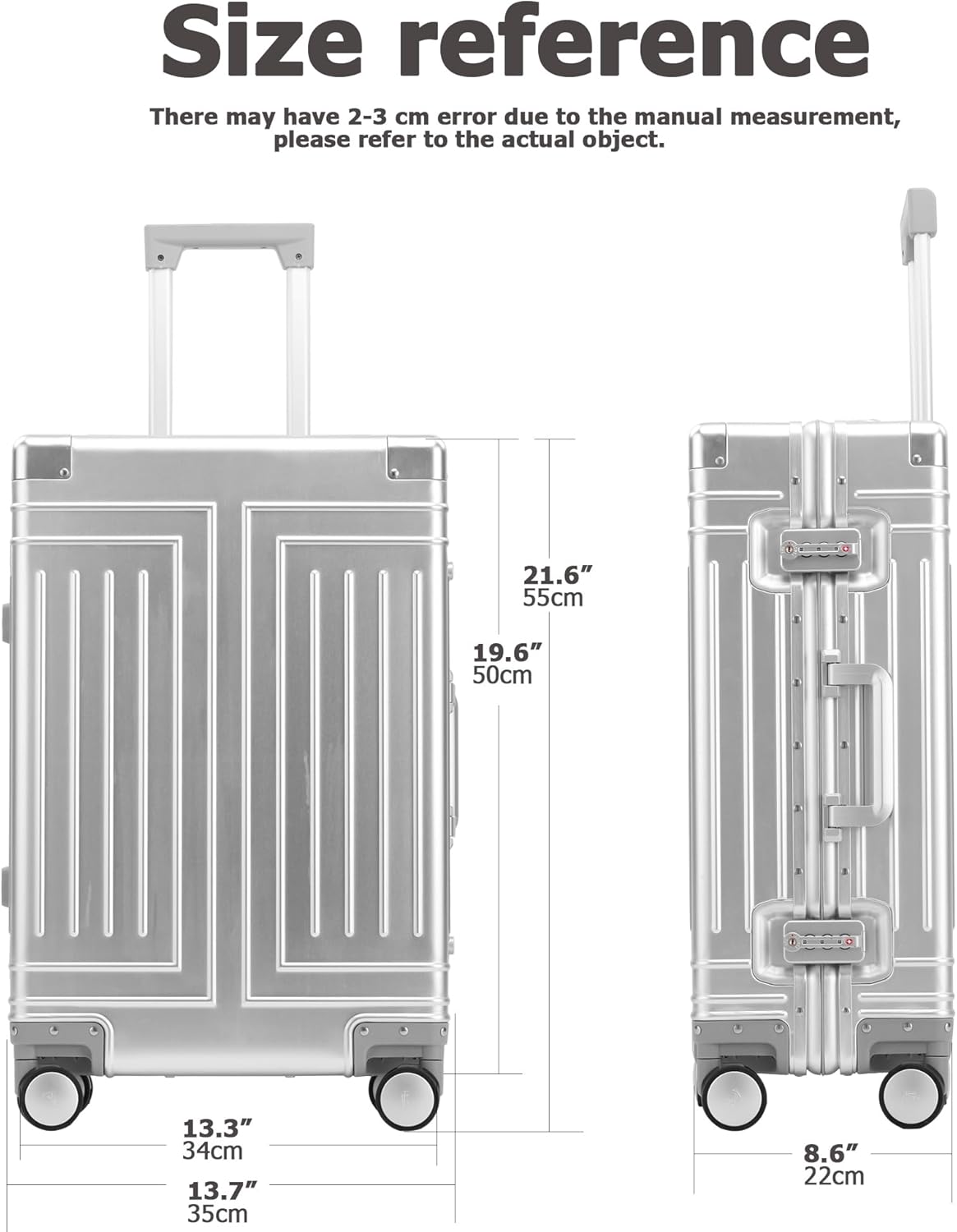feilario 20in All Aluminum Luggage Hard Shell Carry On Suitcase Zipperless 360° Spinner Wheels Luggage - with 4 Anti-crash Corners, Silver-20in, Business