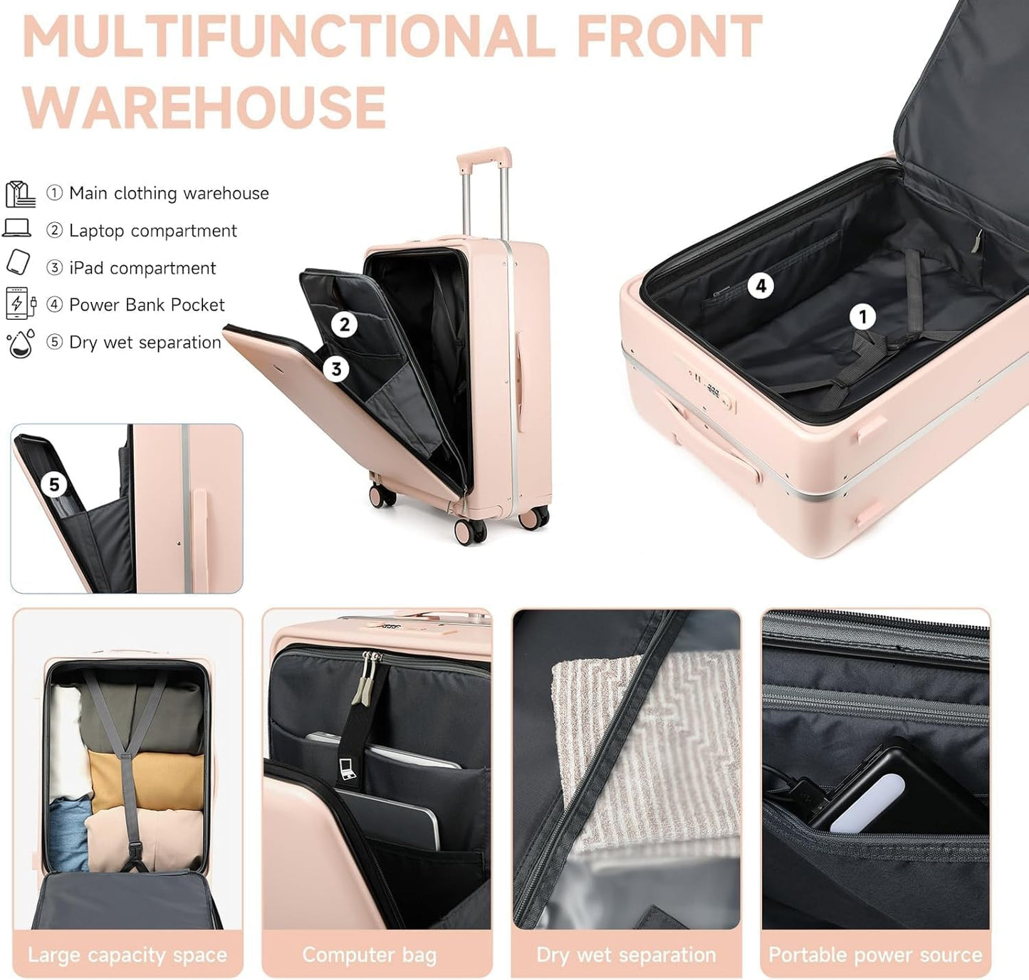 Carry On Luggage with Front Pocket Laptop Compartment and USB Port, Cup Holder, Aluminum Frame PC Hard Travel Suitcase TSA Lock Deepy (Pink, 20)