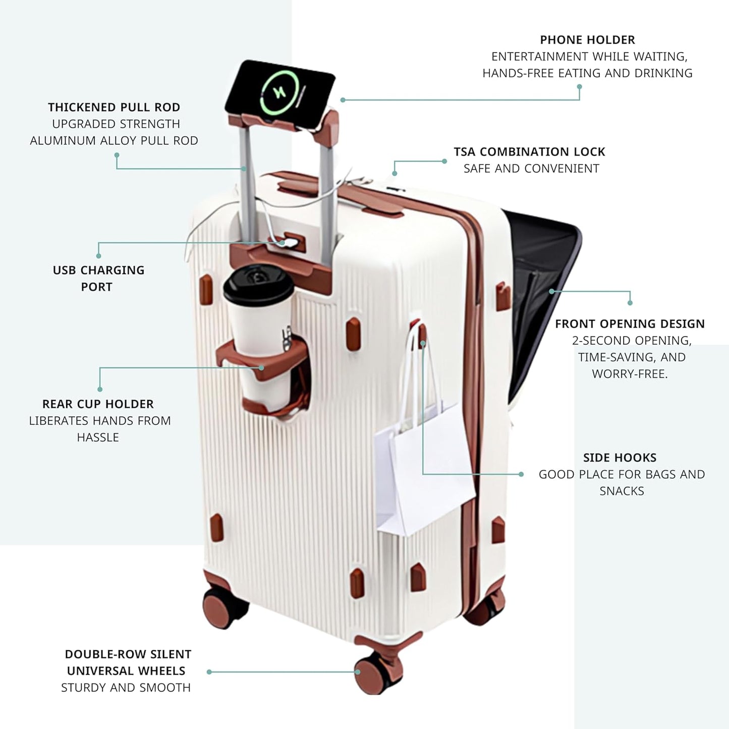 TEREPLUS® 20 Inch Travel Trolley Bag Suitcase with Front Open Laptop Compartment, USB Port Charging, Silent Wheels, Hook - Black & Mocha