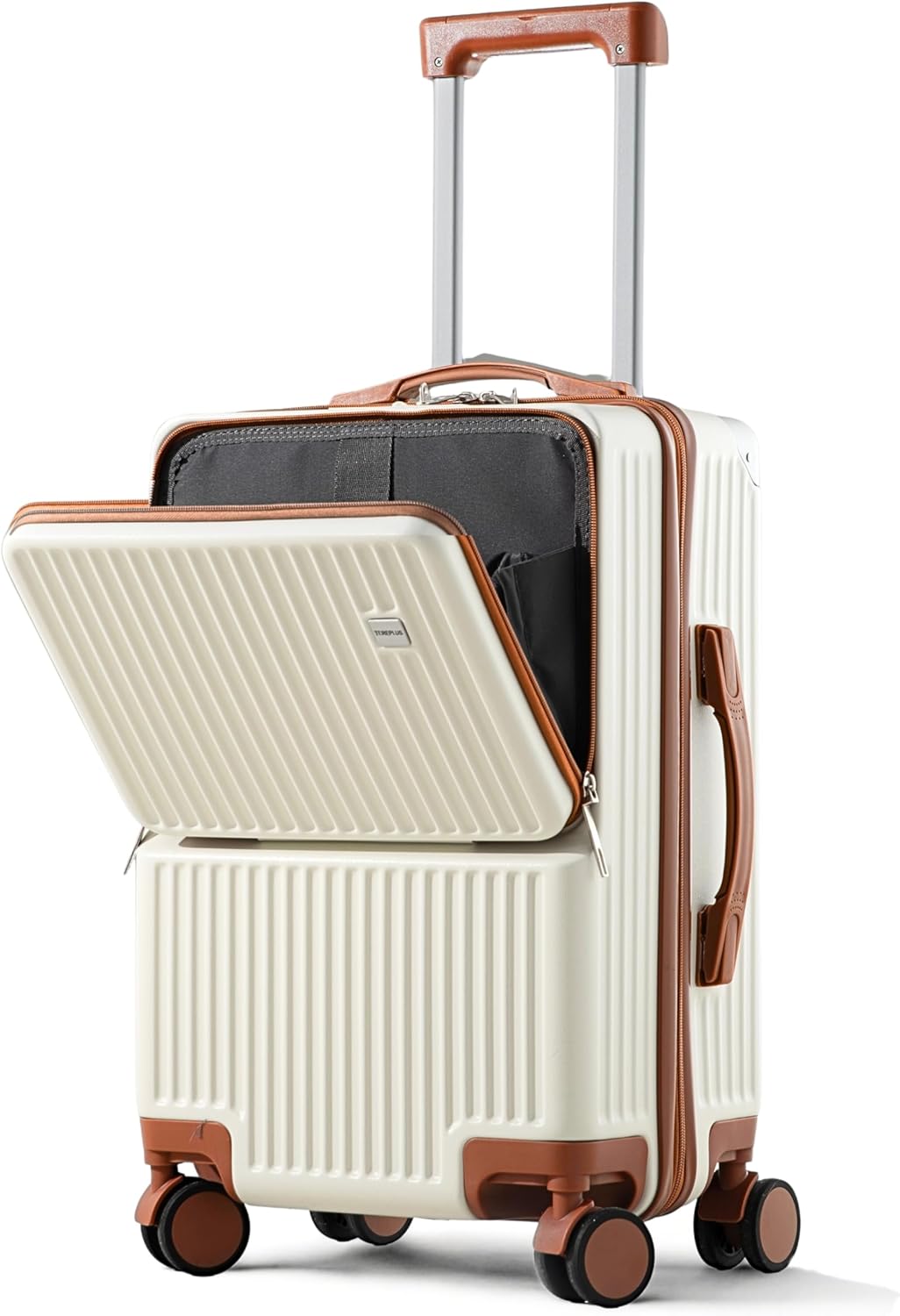 Carry on 20 Inch Travel Trolley Bag Suitcase with Front Open Laptop Compartment, USB Port Charging, Silent Wheels, Hook - Black & Mocha