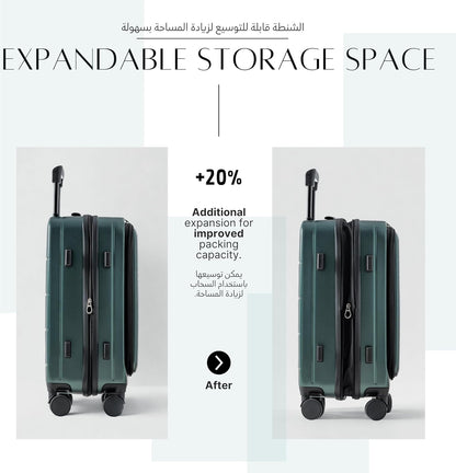 Carry On 20-inch Luggage Travel Suitcase with Front Open Laptop Compartment Silent Wheels Deep Storage USB Port Chargingn Cabin Bag Deepy (Dark Green, 20-inch)