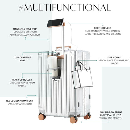 TERE® Carry On 20-inch Travel Luggage Suitcase with Aluminium Frame Zipperless Cup Holder USB Port Charging Phone Holder Lightweight Silent Wheels Cabin Bag Amby3 (Brown Handle, 20 inch.)