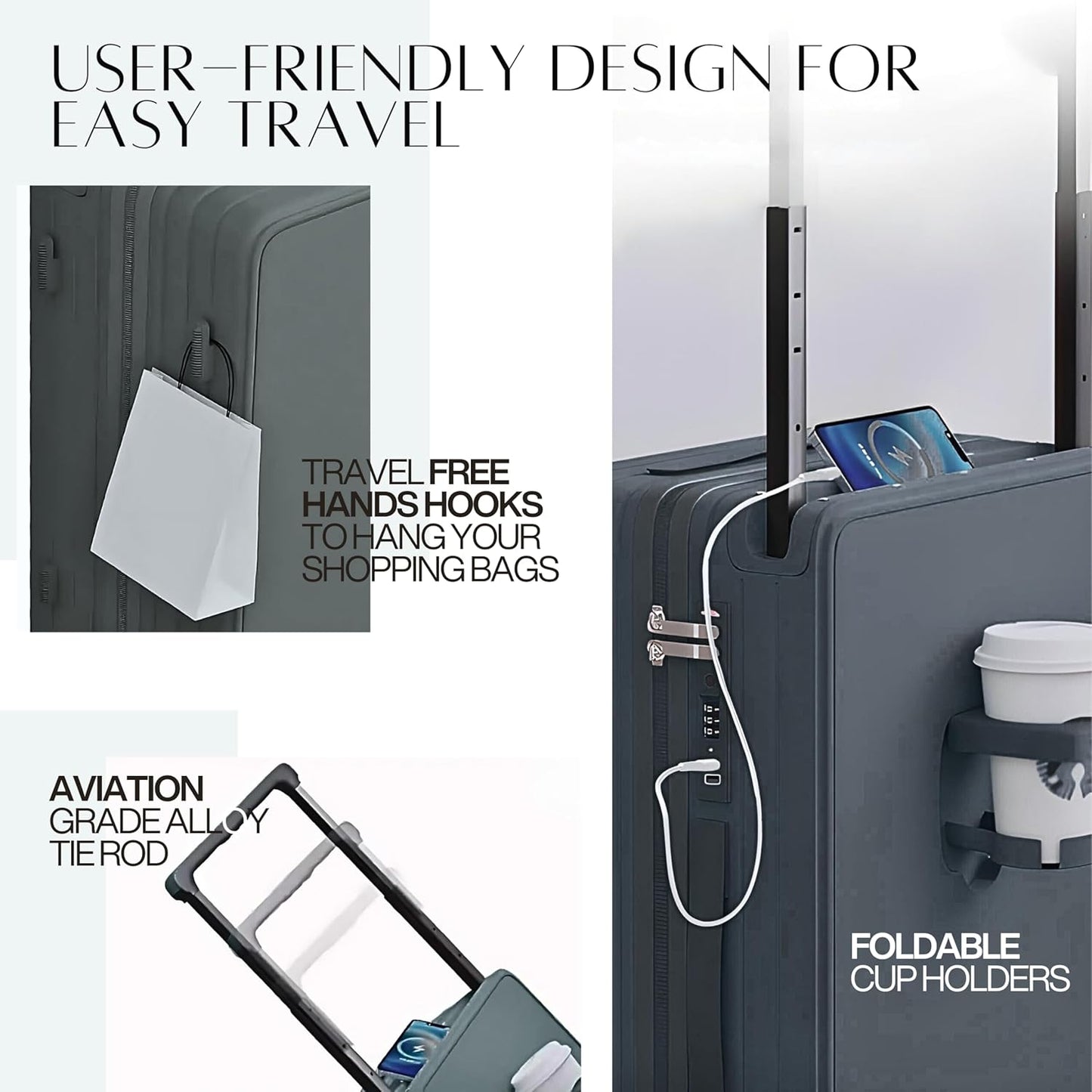 Carry-on Luggage Travel Suitcase Wide Handle Cup Holder Silent Wheels USB Port Charging 20" Cabin Bag Vada V2 (Steel Blue, 20)