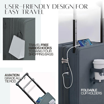 Carry-on Luggage Travel Suitcase Wide Handle Cup Holder Silent Wheels USB Port Charging 20" Cabin Bag Vada V2 (Steel Blue, 20)