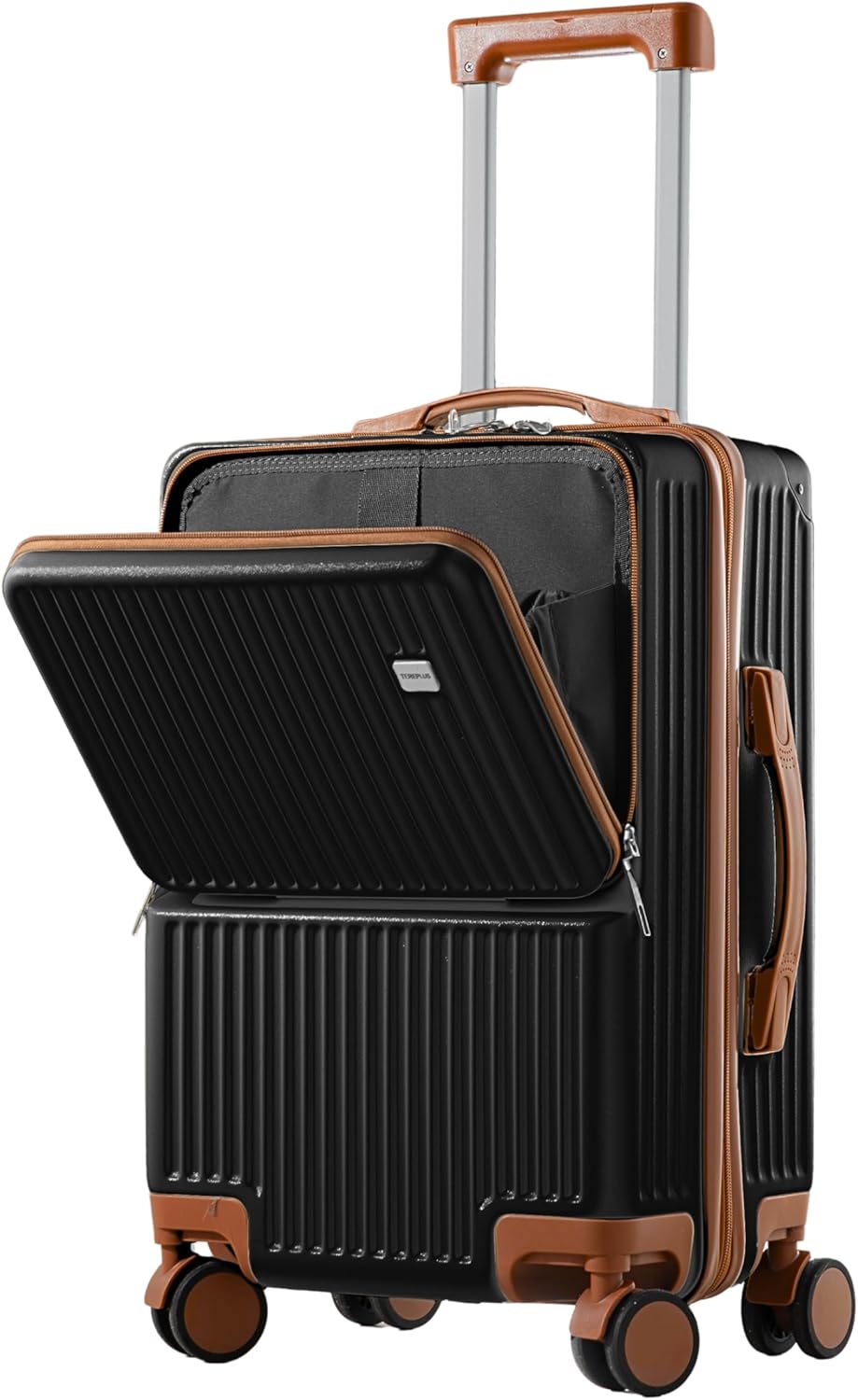 Carry on 20 Inch Travel Trolley Bag Suitcase with Front Open Laptop Compartment, USB Port Charging, Silent Wheels, Hook - Black & Mocha