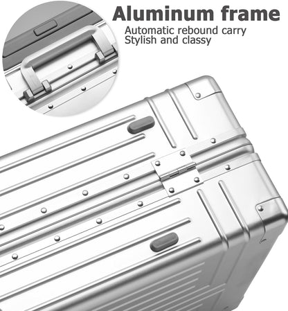 feilario 20in All Aluminum Luggage Hard Shell Carry On Suitcase Zipperless 360° Spinner Wheels Luggage - with 4 Anti-crash Corners, Silver-20in, Business