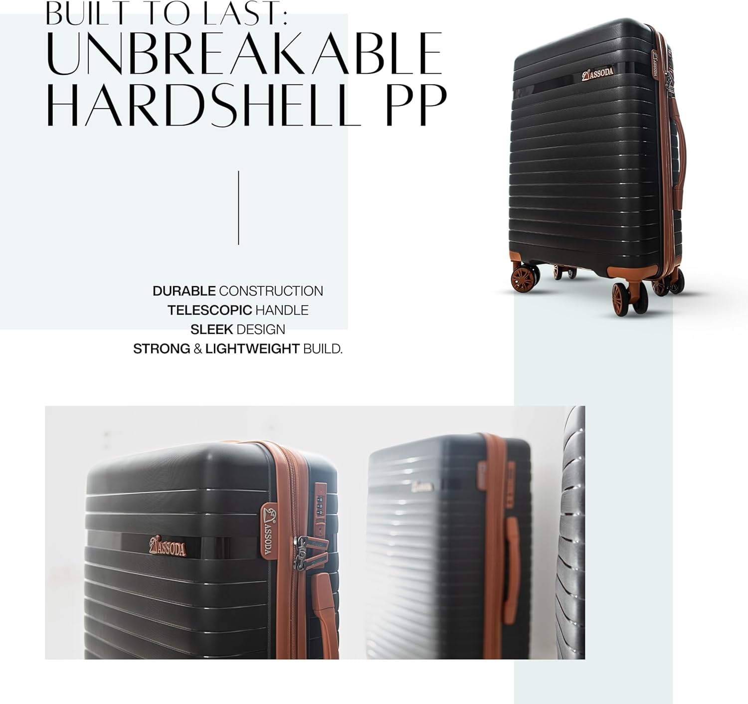 ASSODA Luggage Set of Three 20/24/28 inch Stylish Carry On and Check In Travel Bag Silent Wheels Suitcase Lightweight Durable (Black/Brown, Set (20/24/28-inch))