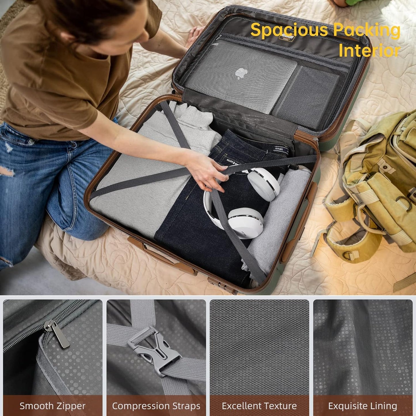 LARVENDER Luggage Sets 6 Piece, Expandable Hardside Carry on Suitcase Set with Spinner Wheels, Lightweight Rolling Luggage for Men and Women with TSA Lock, Green