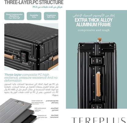 TERE® Carry On 20-inch Luggage Travel Suitcase with Aluminium Frame Zipperless Cup Holder USB Port Charging Lightweight Silent Wheels Cabin Bag Amby2 (Black & Mocha, 20-inch)