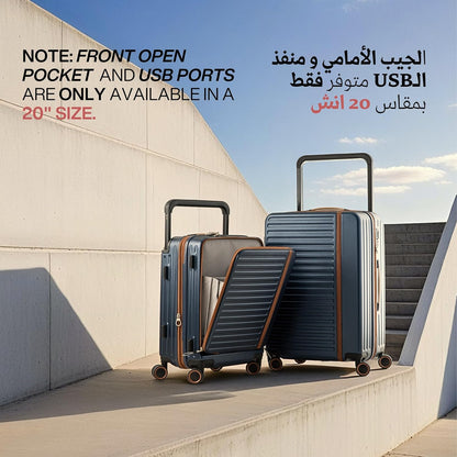 طقم حقائب سفر فاخرة مقاس 20/24 بوصة، حقيبة يد وحقيبة سفر مسجلة مع جيب أمامي مفتوح للكمبيوتر المحمول، مقبض عريض، عجلات صامتة قابلة للتوسيع، منافذ USB، لون أزرق، طقم من قطعتين (20/24 بوصة) 