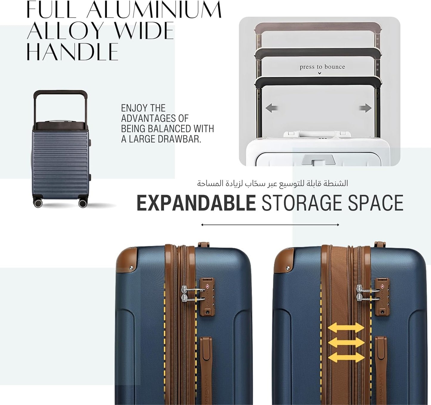 طقم حقائب سفر فاخرة مقاس 20/24 بوصة، حقيبة يد وحقيبة سفر مسجلة مع جيب أمامي مفتوح للكمبيوتر المحمول، مقبض عريض، عجلات صامتة قابلة للتوسيع، منافذ USB، لون أزرق، طقم من قطعتين (20/24 بوصة) 