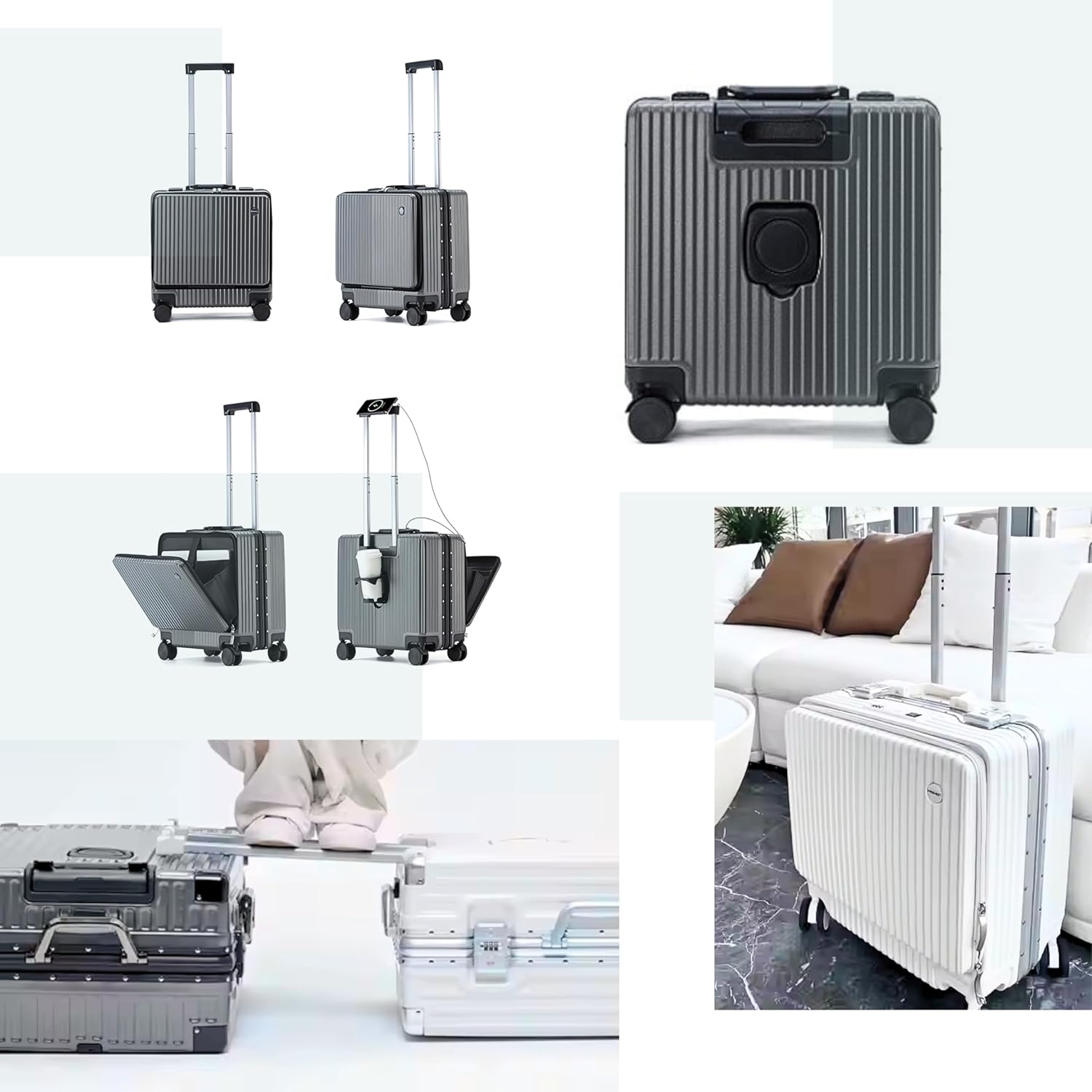 18 inches Luggage Carry On Travel Trolley Boarding Bag Suitcase with Front Open Laptop Compartment Lightweight High Quality USB Port Charging Silent Wheels (White) (Dark Grey)