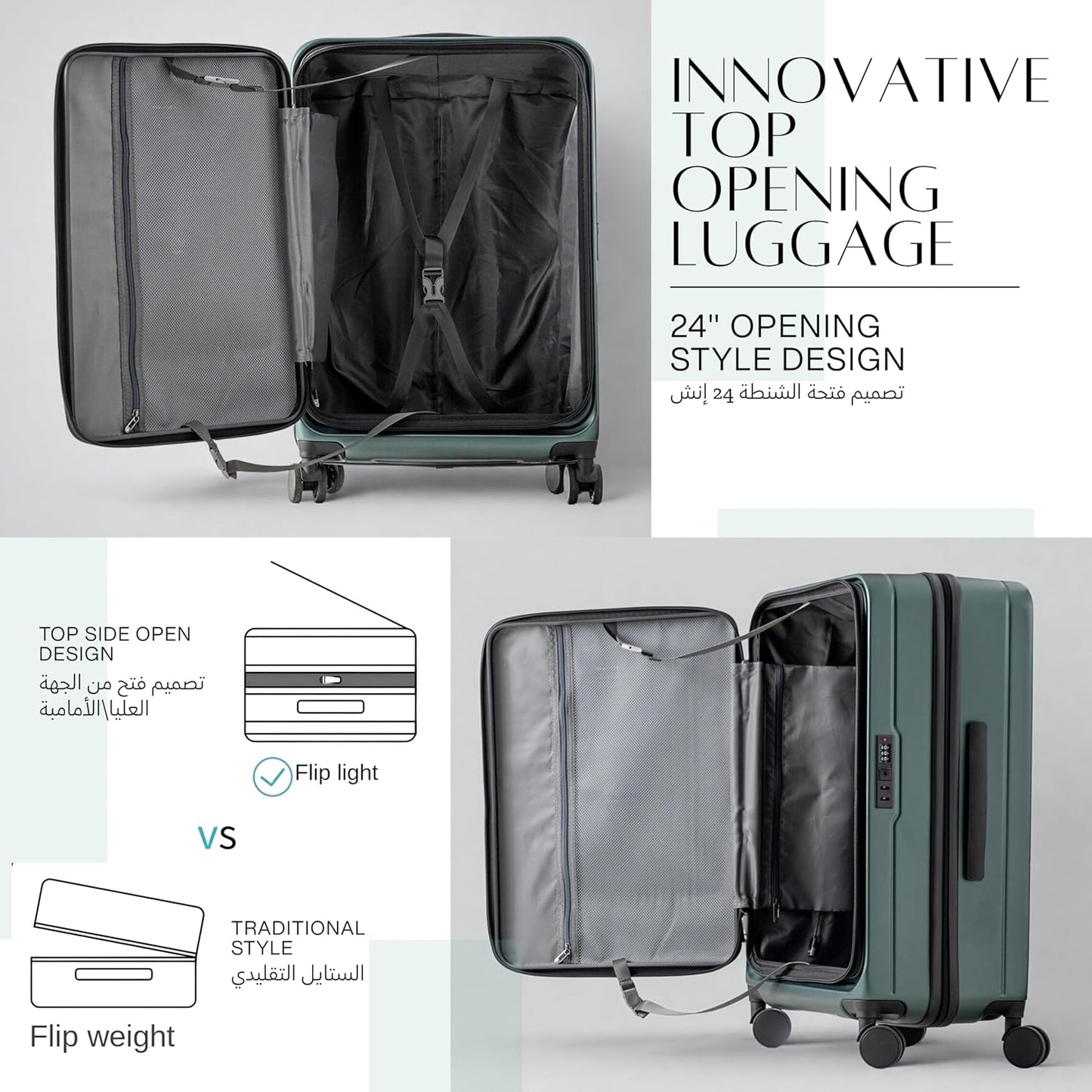 Carry On 20-inch Luggage Travel Suitcase with Front Open Laptop Compartment Silent Wheels Deep Storage USB Port Chargingn Cabin Bag Deepy (Dark Green, 20-inch)