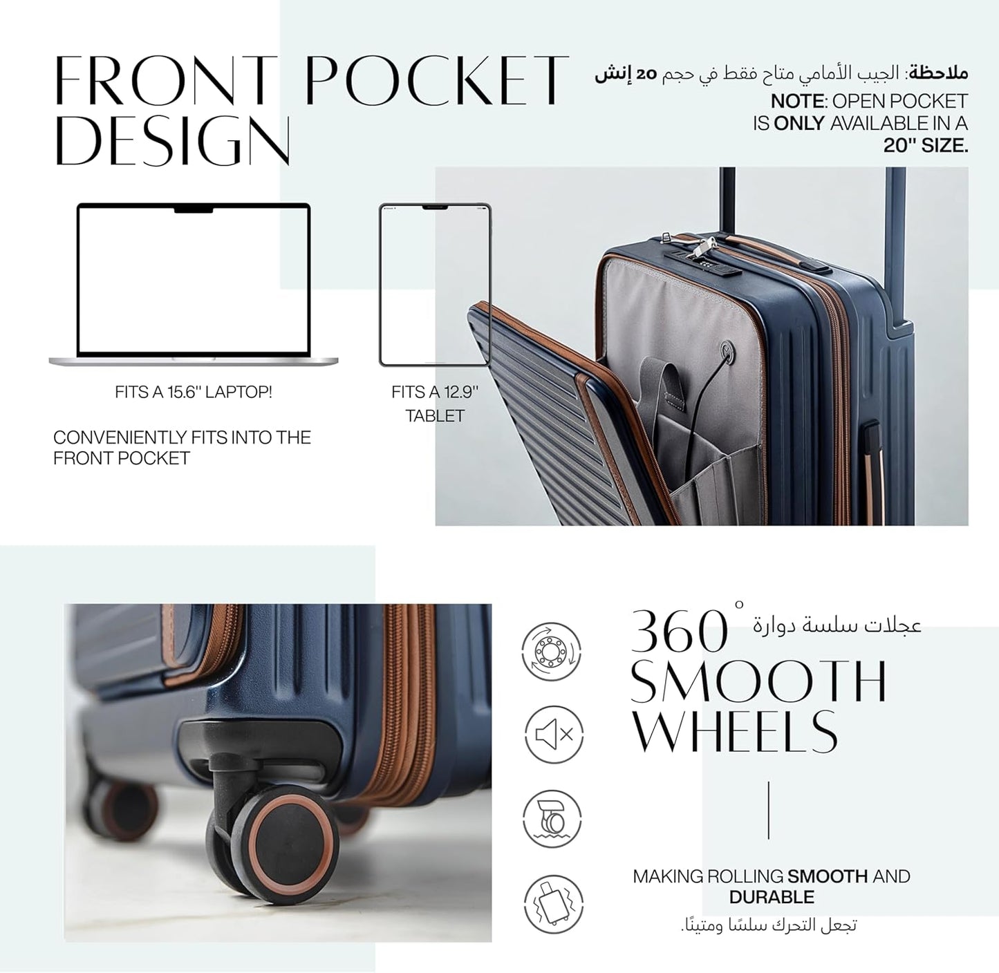 طقم حقائب سفر فاخرة مقاس 20/24 بوصة، حقيبة يد وحقيبة سفر مسجلة مع جيب أمامي مفتوح للكمبيوتر المحمول، مقبض عريض، عجلات صامتة قابلة للتوسيع، منافذ USB، لون أزرق، طقم من قطعتين (20/24 بوصة) 