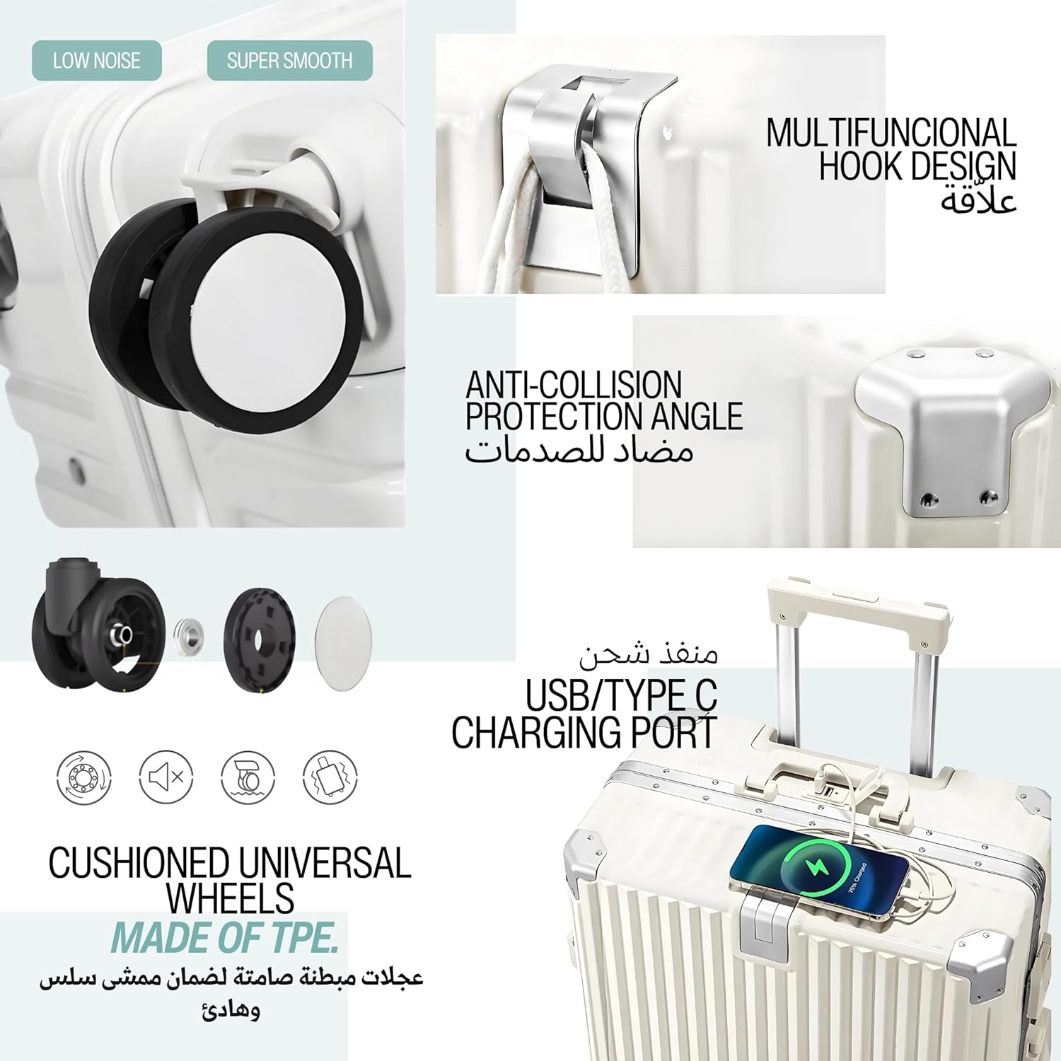 Luxury Check In Luggage Travel Bag Suitcase lightweight with High Quality Aluminium Frame Zipperless Cup holder Silent Wheels USB Port Charging (Mint, 24 Inches)