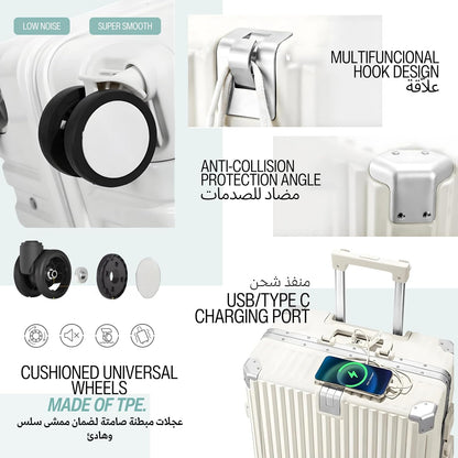 Luxury Check In Luggage Travel Bag Suitcase lightweight with High Quality Aluminium Frame Zipperless Cup holder Silent Wheels USB Port Charging (Mint, 24 Inches)