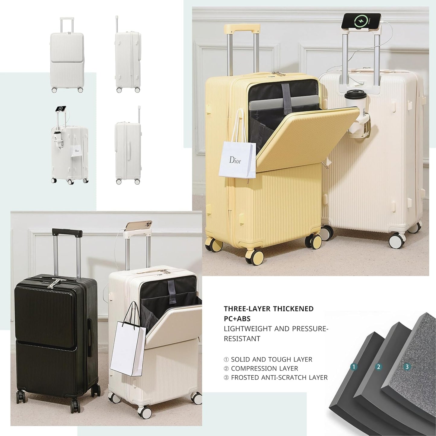 Carry on 20 Inch Travel Trolley Bag Suitcase with Front Open Laptop Compartment, USB Port Charging, Silent Wheels, Hook - Black & Mocha