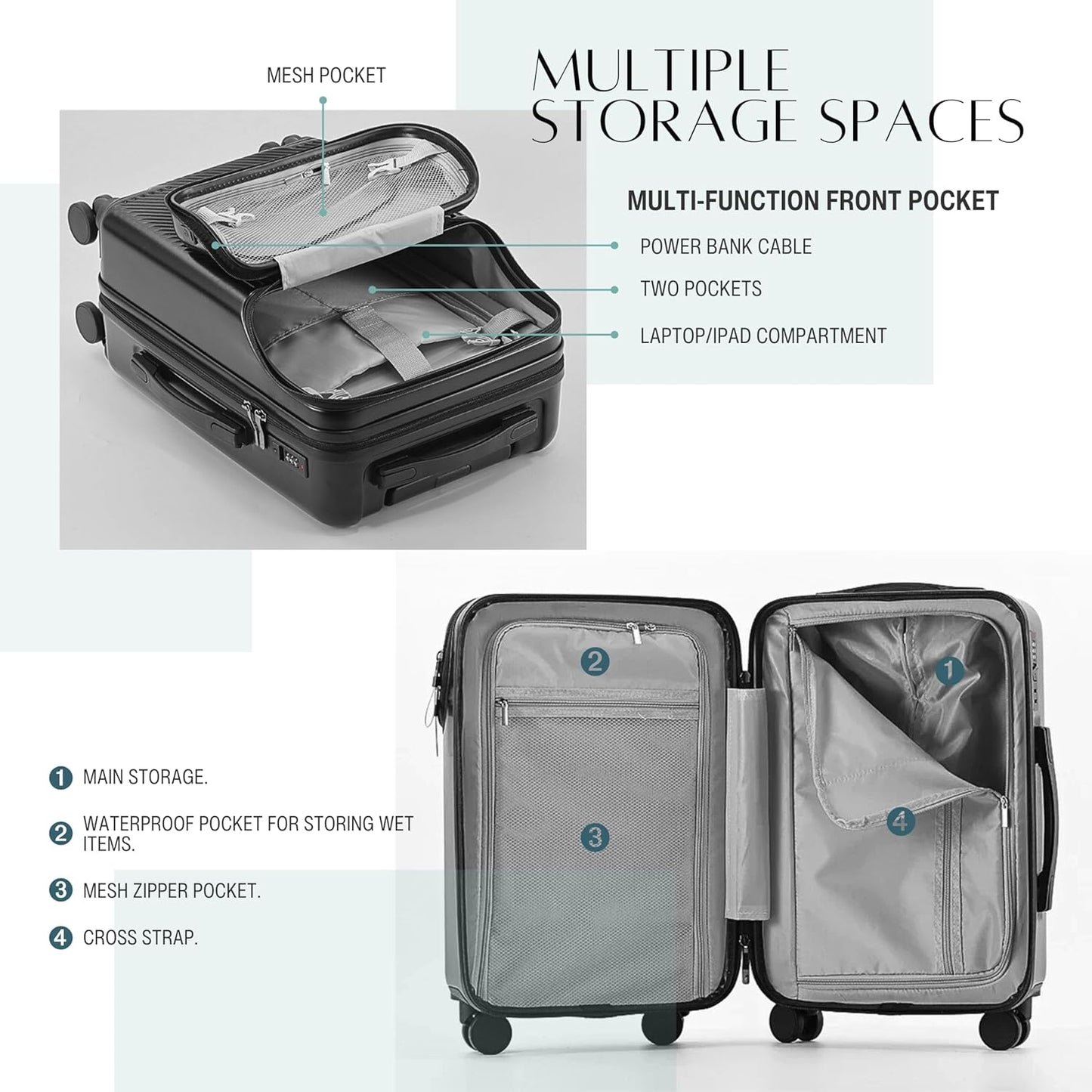 TERE 20" Carry On Luggage Travel Trolley Bag Suitcase with Front Open Laptop Compartment, USB Port Charging, Cup Holder, Silent Wheels, Hook (Grey)