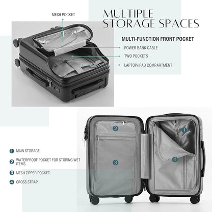 TERE 20" Carry On Luggage Travel Trolley Bag Suitcase with Front Open Laptop Compartment, USB Port Charging, Cup Holder, Silent Wheels, Hook (Grey)