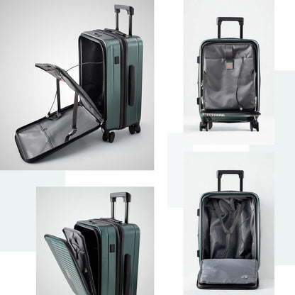 Carry On 20-inch Luggage Travel Suitcase with Front Open Laptop Compartment Silent Wheels Deep Storage USB Port Chargingn Cabin Bag Deepy (Dark Green, 20-inch)