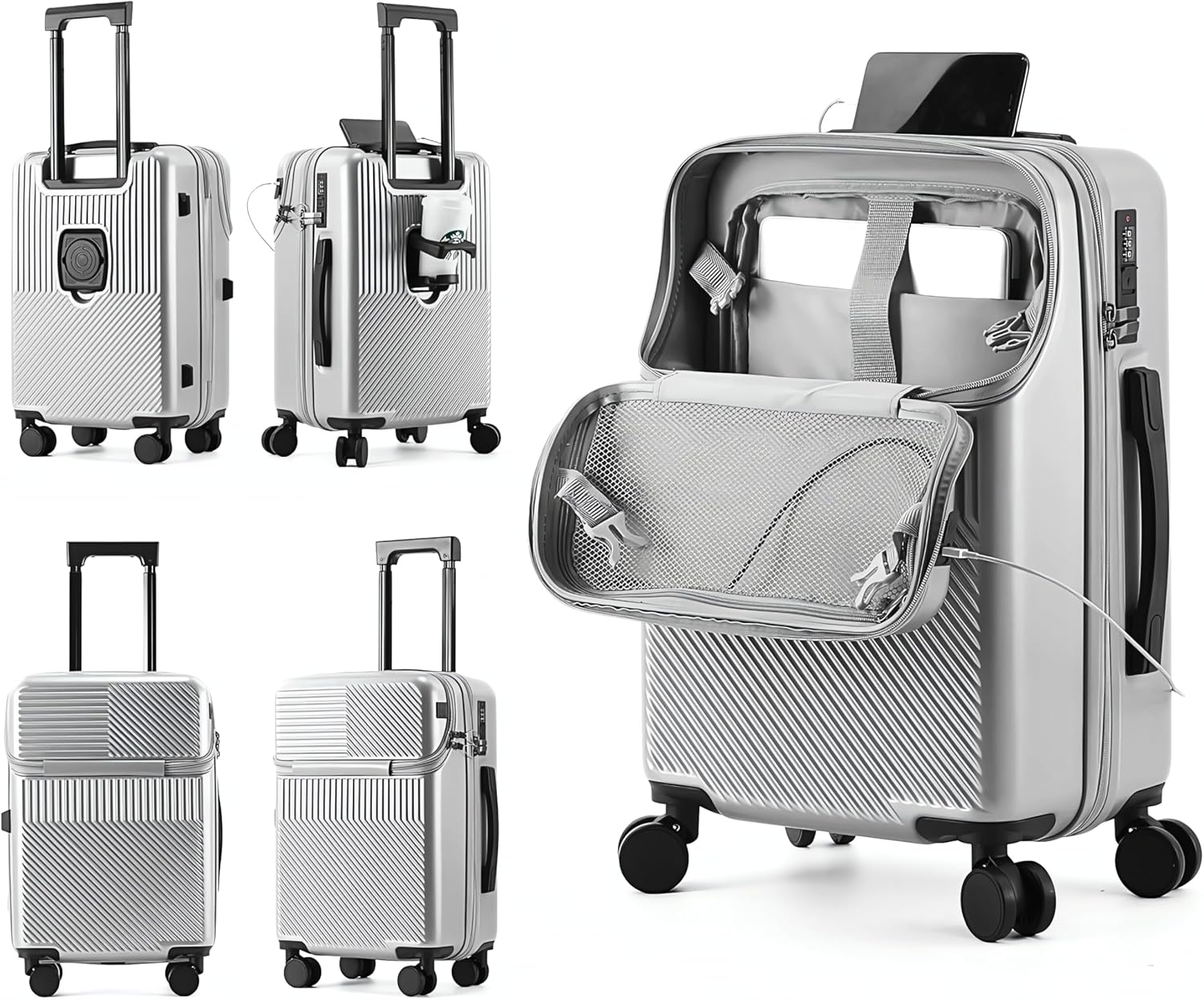 TERE 20" Carry On Luggage Travel Trolley Bag Suitcase with Front Open Laptop Compartment, USB Port Charging, Cup Holder, Silent Wheels, Hook (Grey)