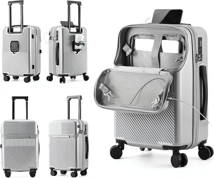 TERE 20" Carry On Luggage Travel Trolley Bag Suitcase with Front Open Laptop Compartment, USB Port Charging, Cup Holder, Silent Wheels, Hook (Grey)