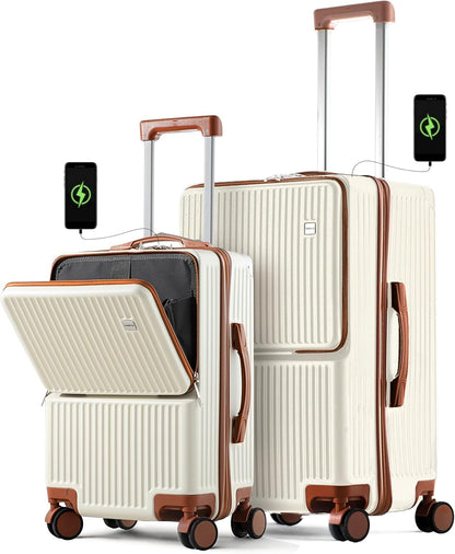 TEREPLUS® 20 Inch Travel Trolley Bag Suitcase with Front Open Laptop Compartment, USB Port Charging, Silent Wheels, Hook - Black & Mocha